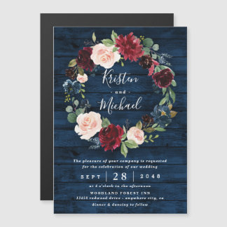 Navy Blue Burgundy Blush Waterverf Wreath Wedding Magnetische Uitnodiging