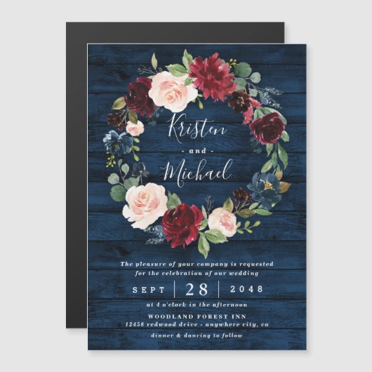 Navy Blue Burgundy Blush Waterverf Wreath Wedding Magnetische Uitnodiging (Voorkant / Achterkant)