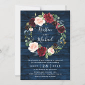 Navy Blue Burgundy Blush Waterverf Wreath Wedding Magnetische Uitnodiging (Voorkant)