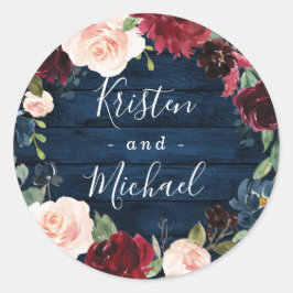Navy Blue Burgundy Blush Waterverf Wreath Wedding Ronde Sticker