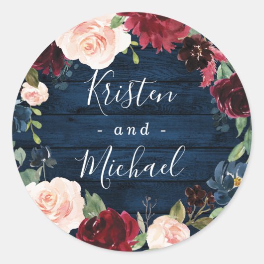 Navy Blue Burgundy Blush Waterverf Wreath Wedding Ronde Sticker (Voorkant)