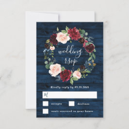 Navy Blue Burgundy Blush Waterverf Wreath Wedding RSVP Kaartje