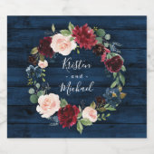Navy Blue Burgundy Blush Waterverf Wreath Wedding Sparkling Wijnetiket (Enkel label)