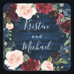Navy Blue Burgundy Blush Waterverf Wreath Wedding Vierkante Sticker<br><div class="desc">Design beschikt over een marineblauwe schuur houten achtergrond voor textuur met een prachtige waterverf krans in de tinten marine,  groen,  blush roze,  Marsala,  bordeaux en meer. Roos Krans bevat ook groen,  eucalyptus,  pioenrozenelementen en meer.</div>