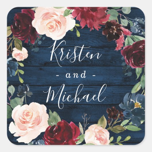 Navy Blue Burgundy Blush Waterverf Wreath Wedding Vierkante Sticker (Voorkant)