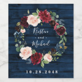 Navy Blue Burgundy Blush Waterverf Wreath Wedding Wijn Etiket (Enkel label)