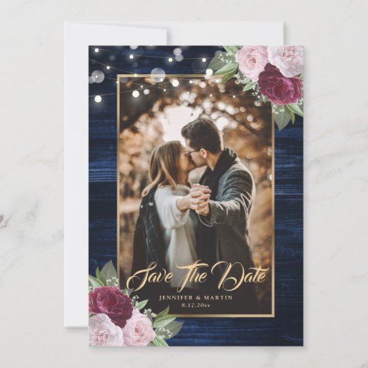 Navy Blue Burgundy Blush Weddenfoto Save The Date (Voorkant)