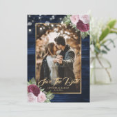 Navy Blue Burgundy Blush Weddenfoto Save The Date (Staand voorkant)