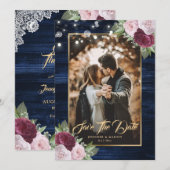 Navy Blue Burgundy Blush Weddenfoto Save The Date (Voorkant / Achterkant)