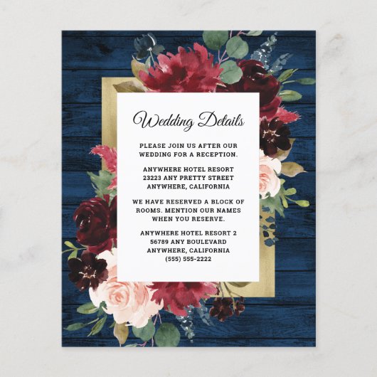 Navy Blue Burgundy Blush Wedding Enclosure Kaart (Voorkant)