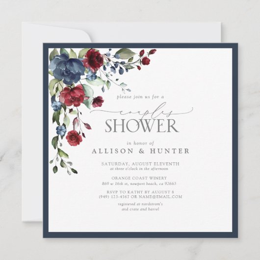 Navy Blue Burgundy Botanical Couples Shower Kaart (Voorkant)