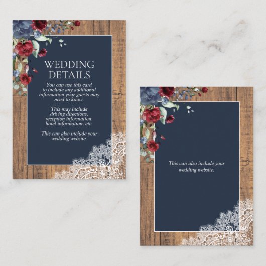 Navy Blue Burgundy Botanical Lace Details Informatiekaartje (Voorkant / Achterkant)