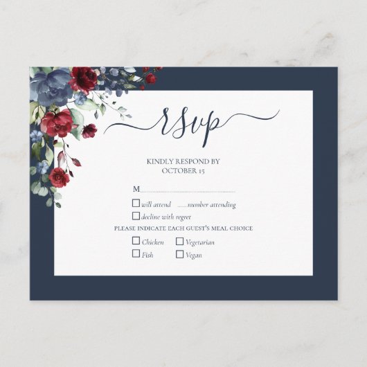Navy Blue Burgundy Botanical Script Weddenschap RS Uitnodiging Briefkaart (Voorkant)