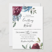 Navy Blue Burgundy Botanical Wedding Invitation Kaart (Voorkant)