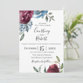 Navy Blue Burgundy Botanical Wedding Invitation Kaart (Staand voorkant)