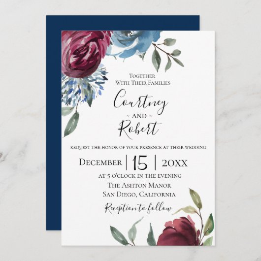 Navy Blue Burgundy Botanical Wedding Invitation Kaart (Voorkant / Achterkant)