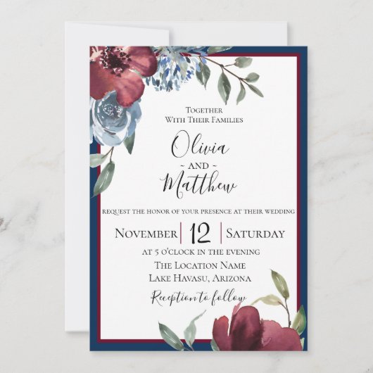 Navy Blue Burgundy Botanical Wedding Invitation Kaart (Voorkant)