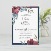 Navy Blue Burgundy Botanical Wedding Invitation Kaart (Staand voorkant)