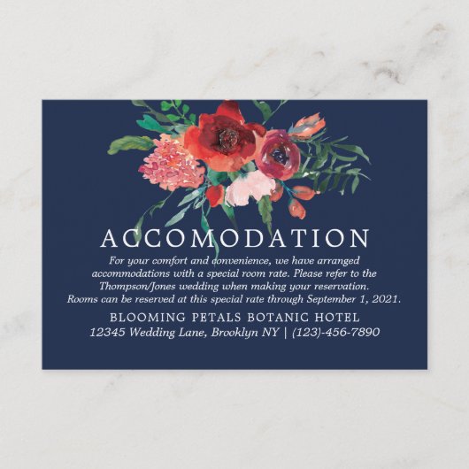 Navy Blue Burgundy Coral Floral Accomodation Informatiekaartje (Voorkant)