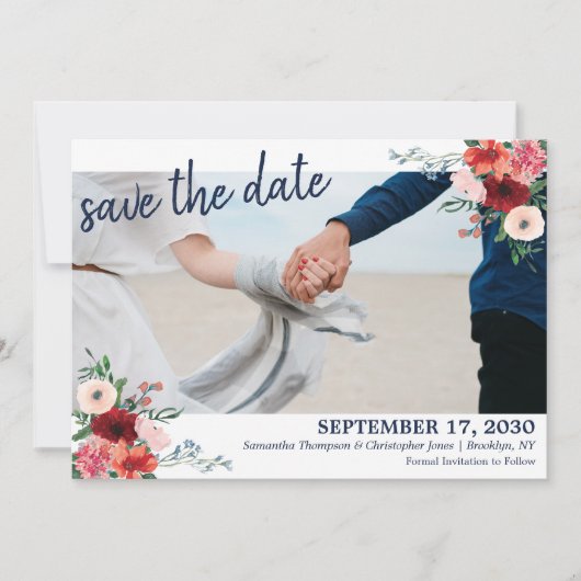 Navy Blue Burgundy Coral Floral foto bruiloft Save The Date (Voorkant)
