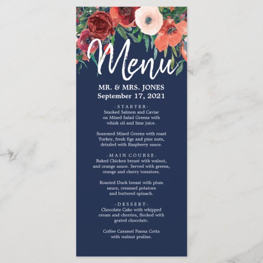 Navy Blue Burgundy Coral Floral Waterverf Weddensc Menu (Voorkant)