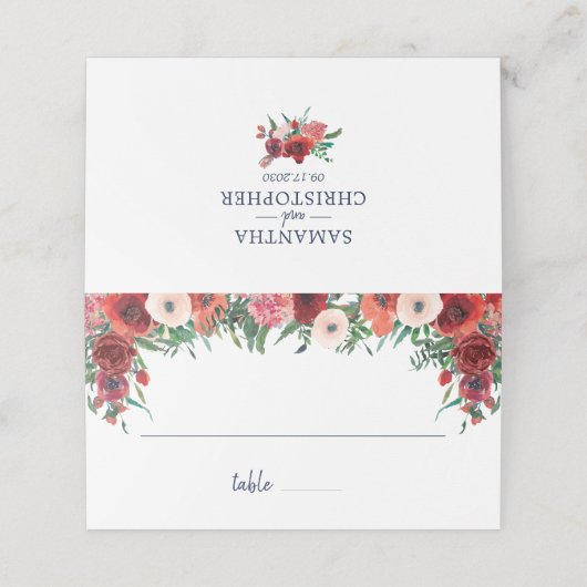 Navy Blue Burgundy Coral Floral Waterverf Weddensc Plaatskaartje (Buitenkant ongevouwen)