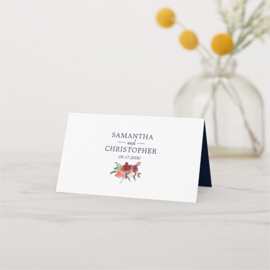 Navy Blue Burgundy Coral Floral Waterverf Weddensc Plaatskaartje (Achterkant)