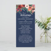 Navy Blue Burgundy Coral Floral Wedding Ceremony Programmakaart (Staand voorkant)