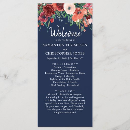 Navy Blue Burgundy Coral Floral Wedding Ceremony Programmakaart (Voorkant)