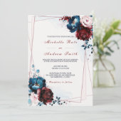 Navy Blue Burgundy en Roos Gold Wedding Sjabloon Kaart (Staand voorkant)