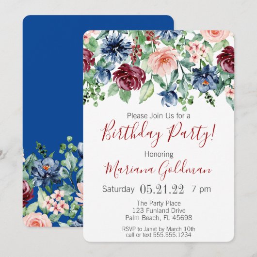 Navy Blue Burgundy Floral Birthday Party Kaart (Voorkant / Achterkant)