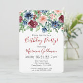 Navy Blue Burgundy Floral Birthday Party Kaart (Staand voorkant)