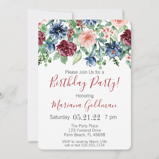 Navy Blue Burgundy Floral Birthday Party Kaart (Voorkant)