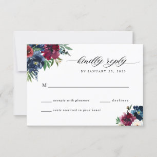 Navy Blue Burgundy Floral Bloom Waterverf Weddensc RSVP Kaartje