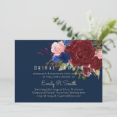 Navy Blue Burgundy Floral Bouquet Wedding Kaart (Staand voorkant)