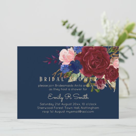 Navy Blue Burgundy Floral Bouquet Wedding Kaart (Staand voorkant)