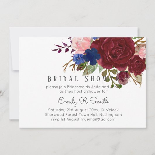 Navy Blue Burgundy Floral Bouquet Wedding Kaart (Voorkant)