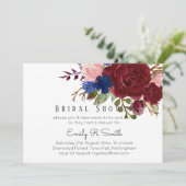 Navy Blue Burgundy Floral Bouquet Wedding Kaart (Staand voorkant)