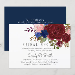 Navy Blue Burgundy Floral Bouquet Wedding Kaart
