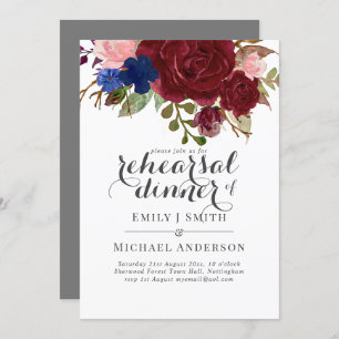 Navy Blue Burgundy Floral Bouquet Wedding Kaart