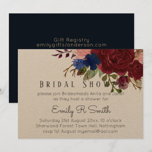 Navy Blue Burgundy Floral Bouquet Wedding Kaart