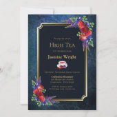 Navy Blue Burgundy Floral Bridal High Tea Kaart (Voorkant)