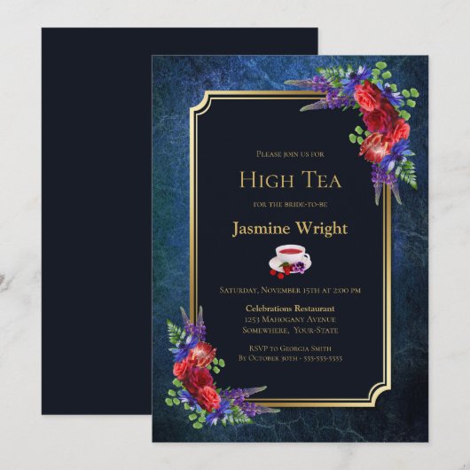 Navy Blue Burgundy Floral Bridal High Tea Kaart (Voorkant / Achterkant)