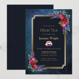 Navy Blue Burgundy Floral Bridal High Tea Kaart