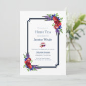 Navy Blue Burgundy Floral Bridal High Tea Kaart (Staand voorkant)