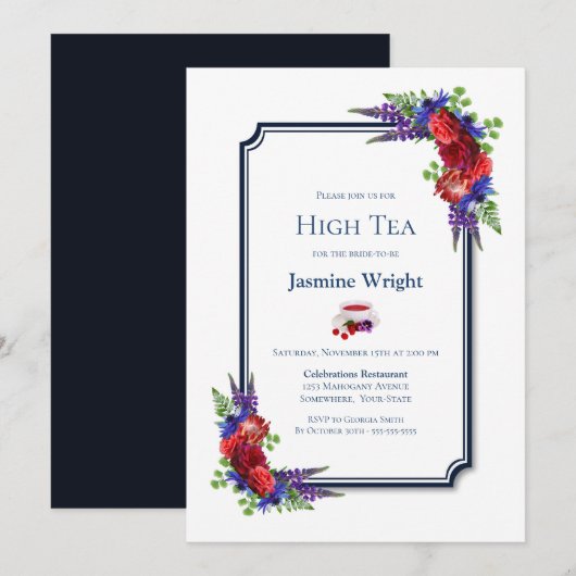 Navy Blue Burgundy Floral Bridal High Tea Kaart (Voorkant / Achterkant)