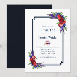 Navy Blue Burgundy Floral Bridal High Tea Kaart