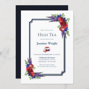 Navy Blue Burgundy Floral Bridal High Tea Kaart