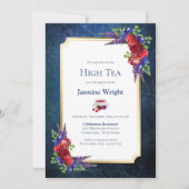 Navy Blue Burgundy Floral Bridal High Tea Kaart (Voorkant)