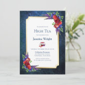 Navy Blue Burgundy Floral Bridal High Tea Kaart (Staand voorkant)